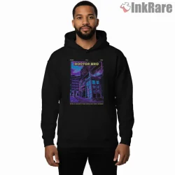 Doctor Who Neon Night City Retro Street Scene Shirt on black hoodie for men graphic tee