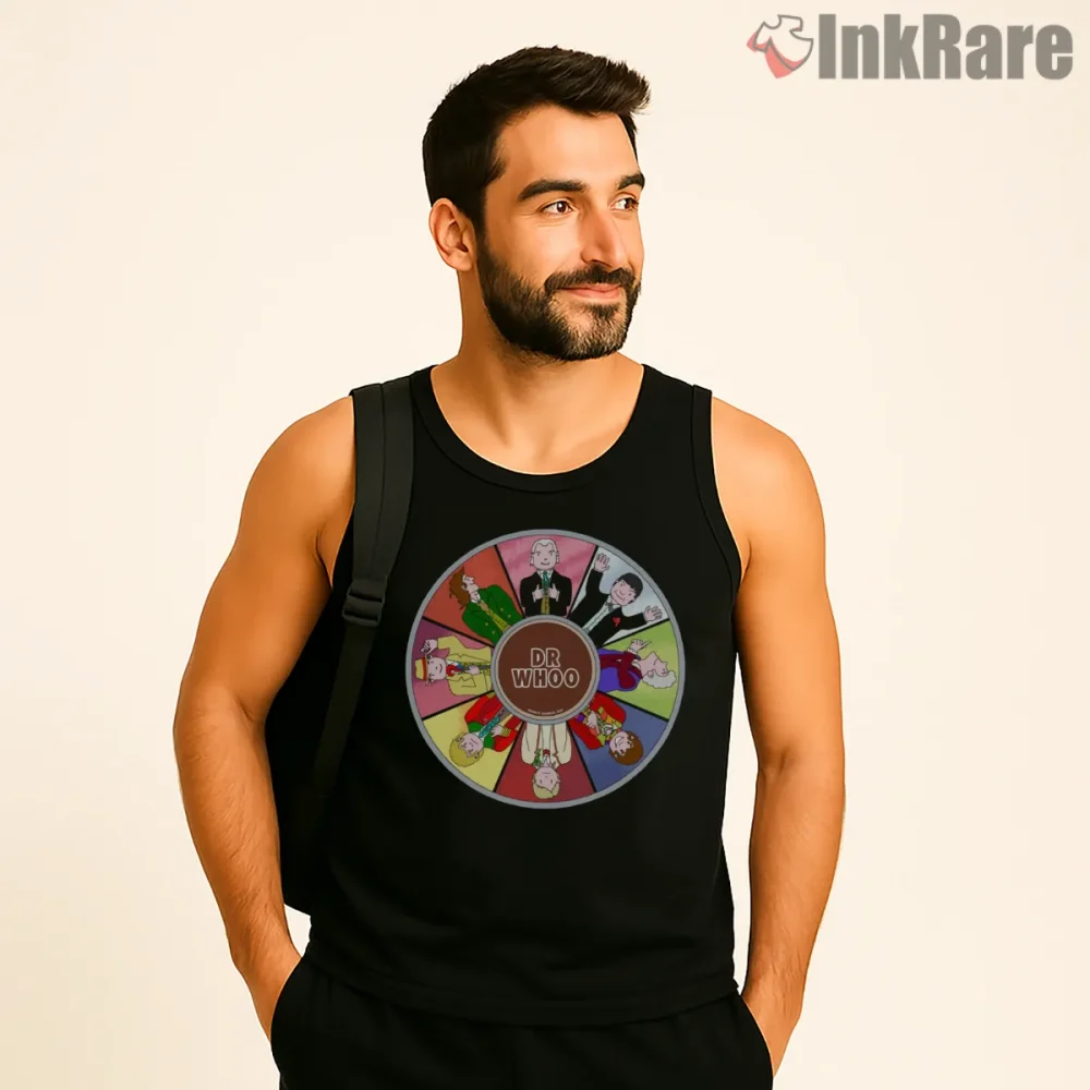 Doctor Who Regeneration Wheel Cartoon Portrait Shirt on black tank top for men graphic tee