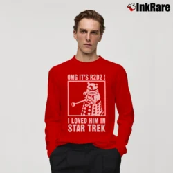 Men’s Doctor Who Star Wars Star Trek R2D2 Funny Mashup Long-Sleeve Shirt in red | Sleek, Lightweight, Year-Round Wear