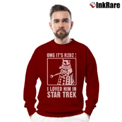 Men’s Doctor Who Star Wars Star Trek R2D2 Funny Mashup Crewneck Sweatshirt in maroon | Cozy Fabric, Clean Style