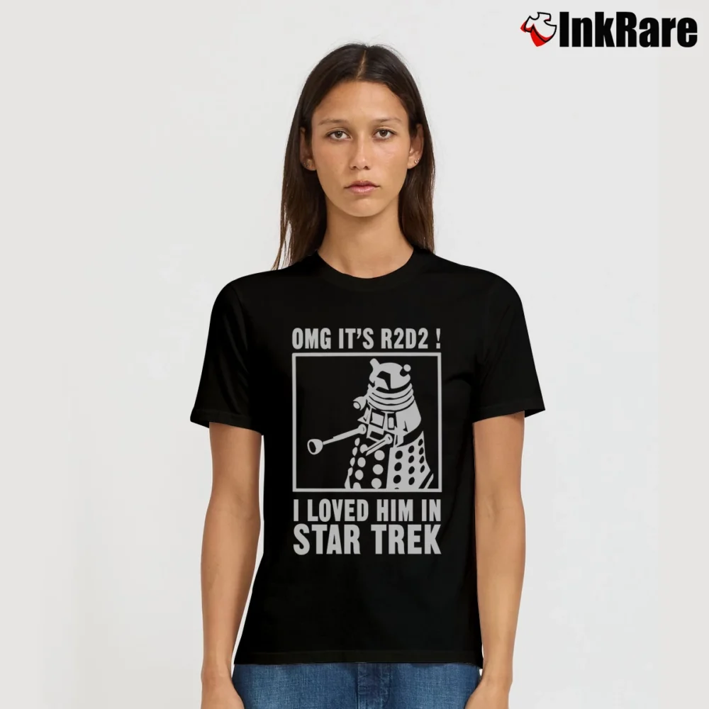 Women’s Doctor Who Star Wars Star Trek R2D2 Funny Mashup Signature T-Shirt in black | Soft, Flattering Fit