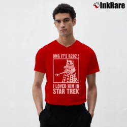 Men’s Doctor Who Star Wars Star Trek R2D2 Funny Mashup V-Neck Tee in red | Sharp, Breathable, Everyday Staple