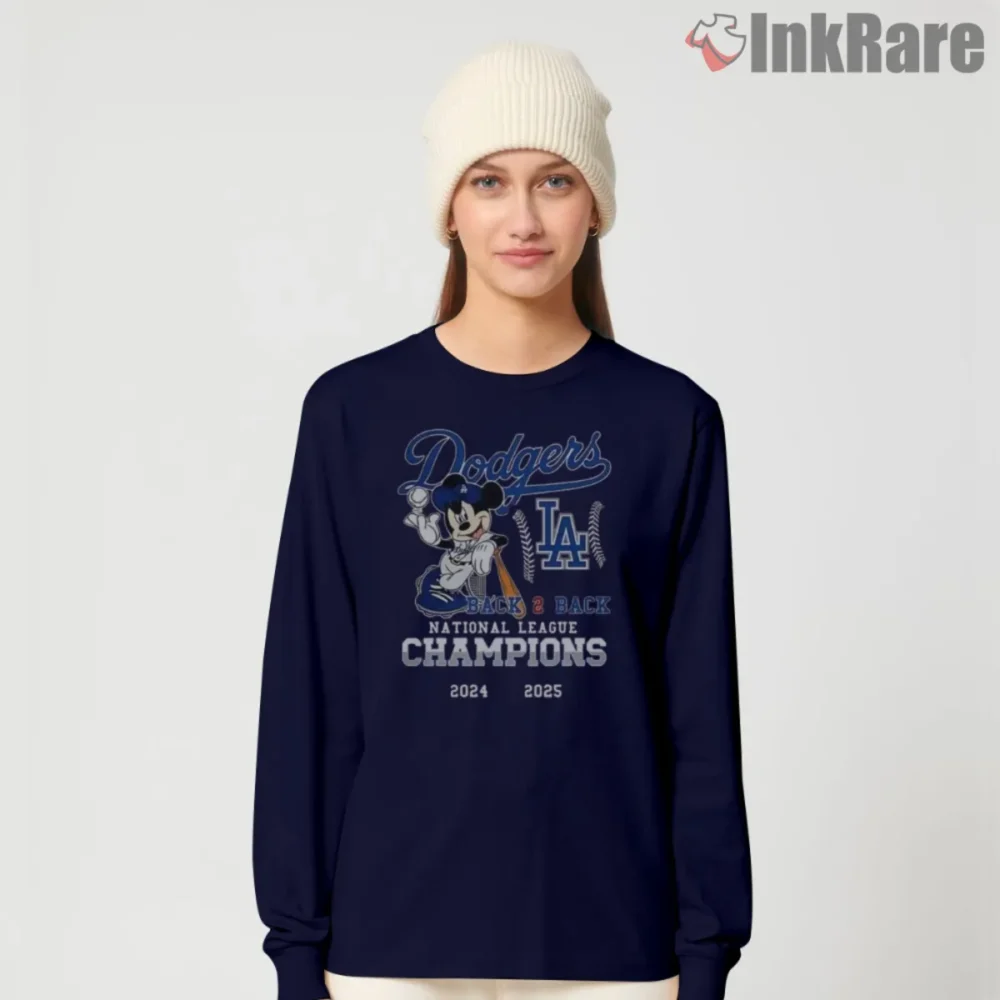 Dodgers Back To Back Champions Shirt with Mickey in navy long sleeve