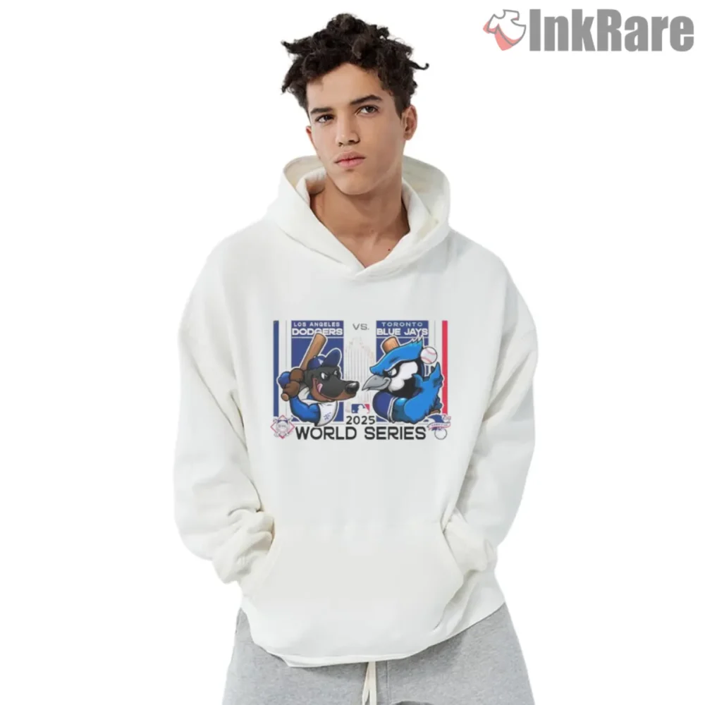 Dodgers vs Blue Jays 2025 World Series Shirt with mascot showdown on white hoodie