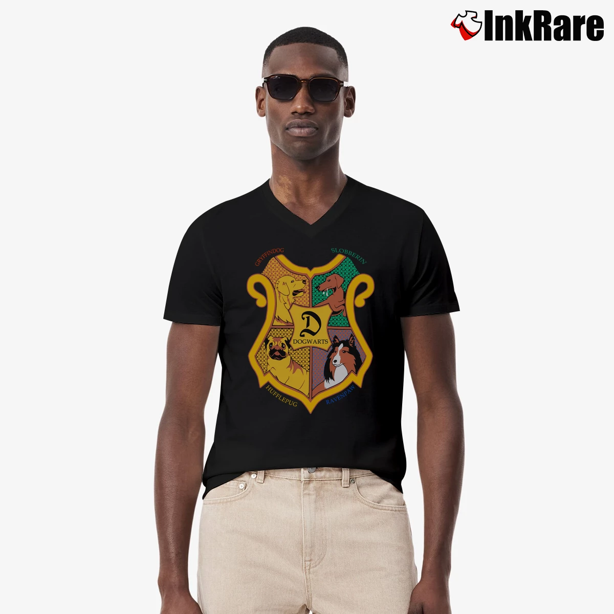Dogwarts Funny Dog Joke Men’s V-Neck Tee in black – Modern Essential Men’s Dogwarts Funny Dog Joke V-Neck Tee in black | Sharp, Breathable, Everyday Staple