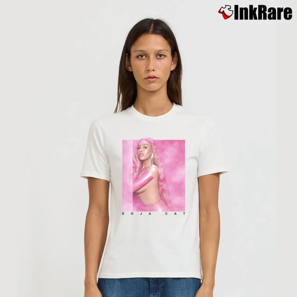 Women’s Doja Cat Hot Pink Album Cover Signature T-Shirt in white | Soft, Flattering Fit