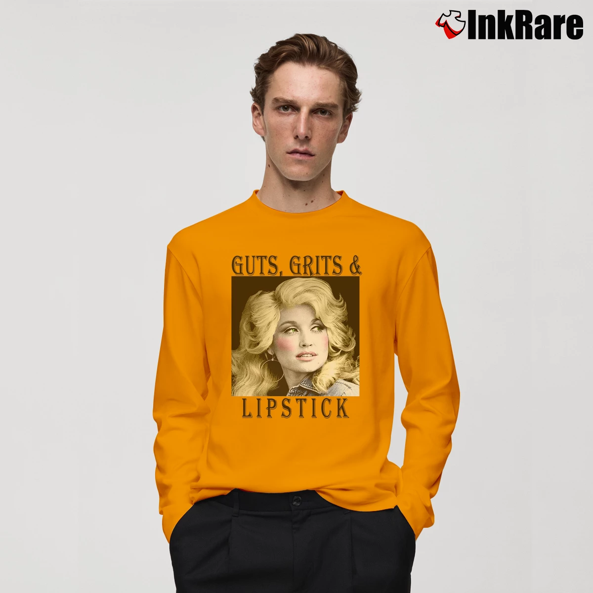 Dolly Parton Country Music Men’s Long-Sleeve Tee in orange – Versatile Layering Men’s Dolly Parton Country Music Long-Sleeve Shirt in orange | Sleek, Lightweight, Year-Round Wear