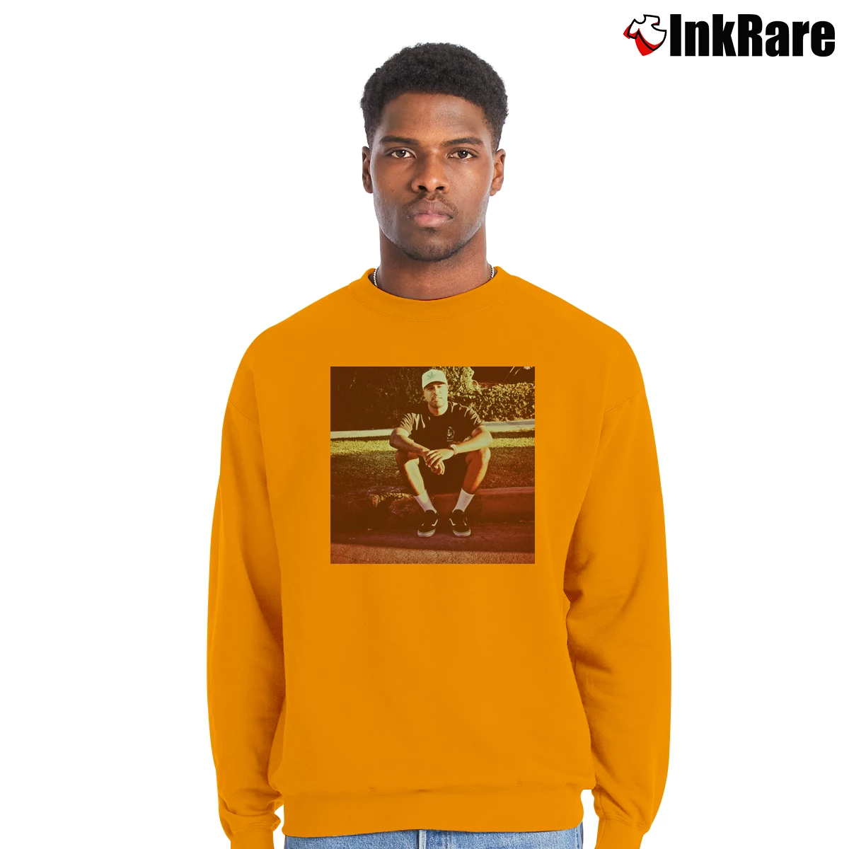 Men’s Dom Kennedy Rap Artist Graphic Crewneck Sweatshirt in orange | Cozy Fabric, Clean Style