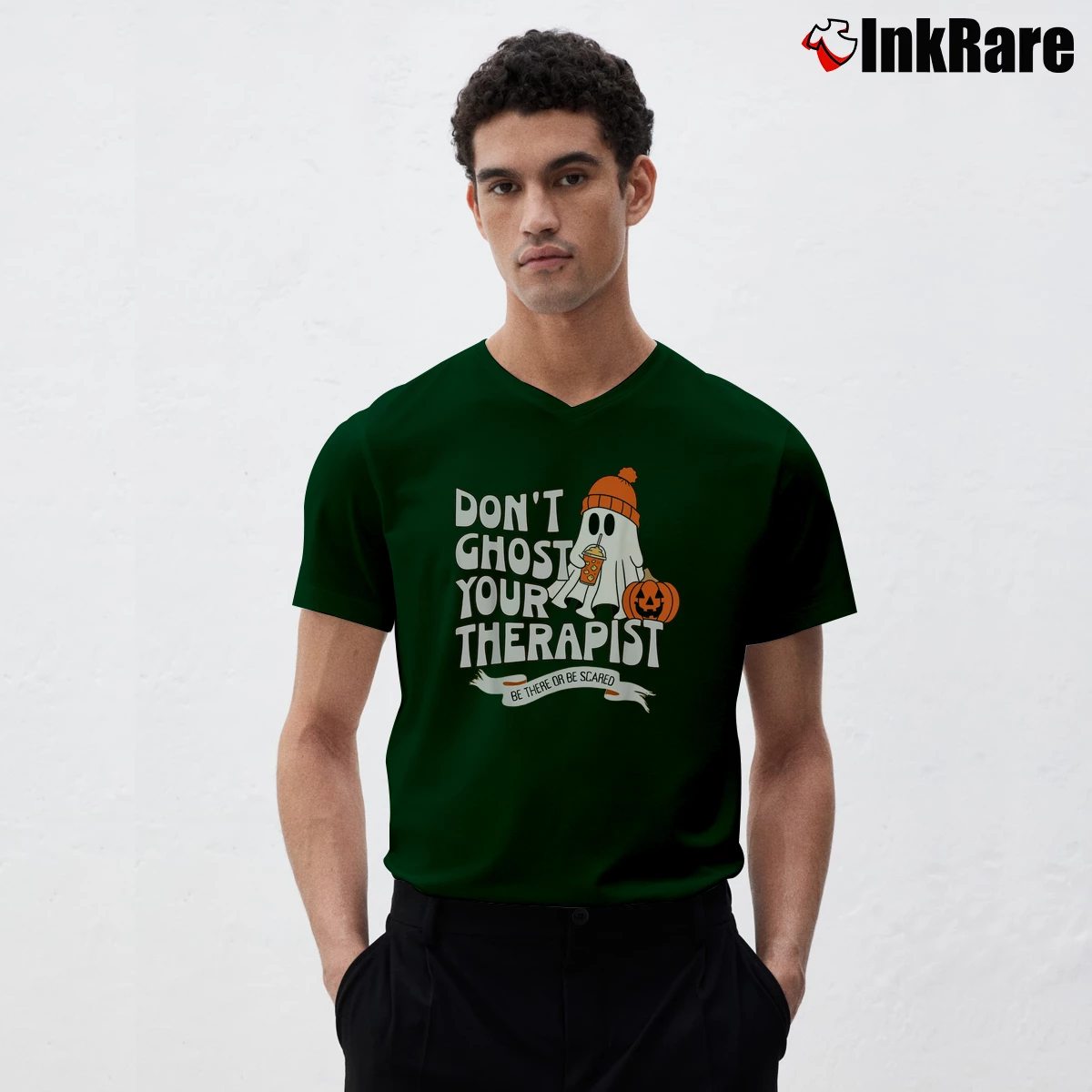 Men’s Don't Ghost Your Therapist Mental Health Halloween V-Neck Tee in forest green | Sharp, Breathable, Everyday Staple