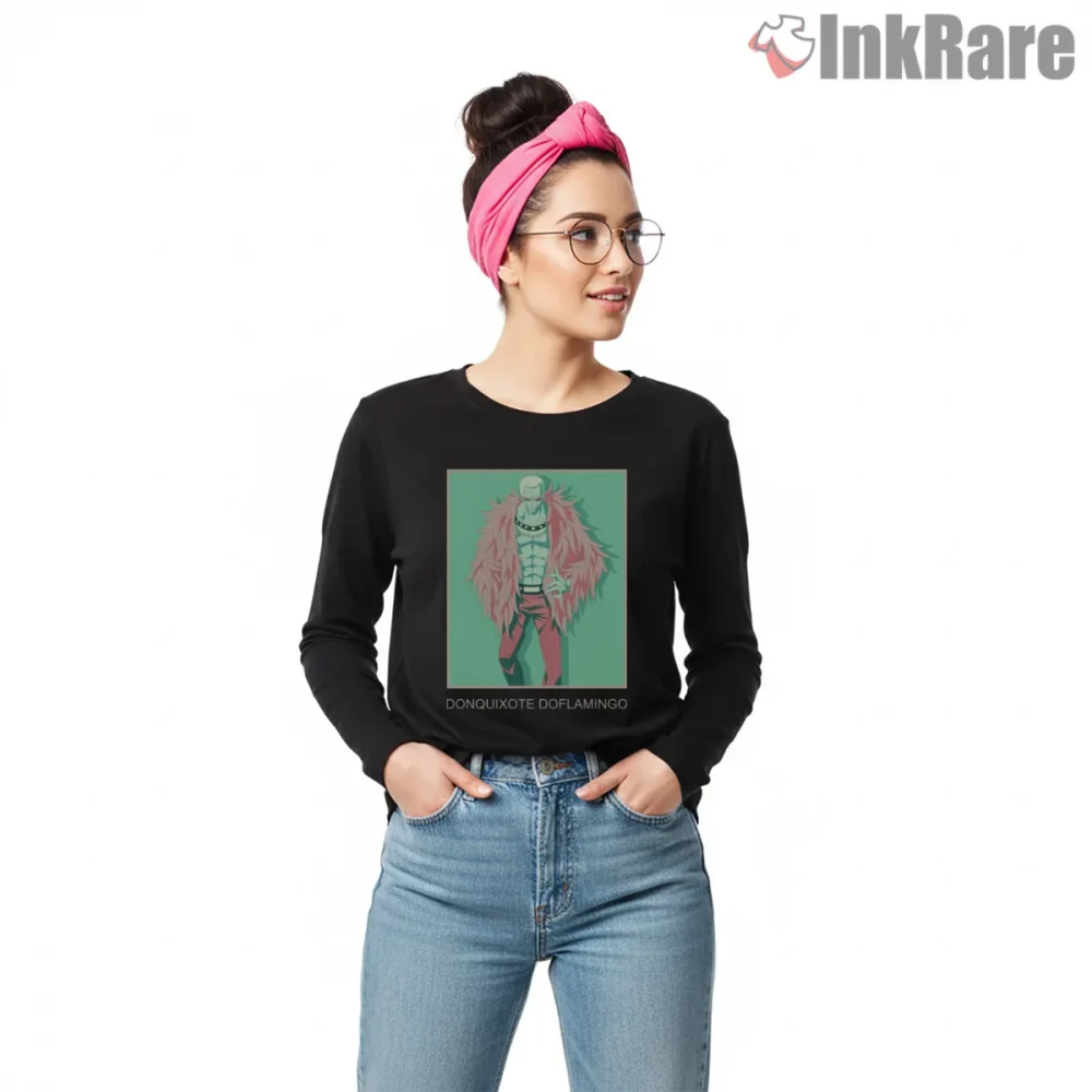 Donquixote Doflamingo Pink Feather Villain Anime Shirt on black long sleeve shirt for women graphic tee