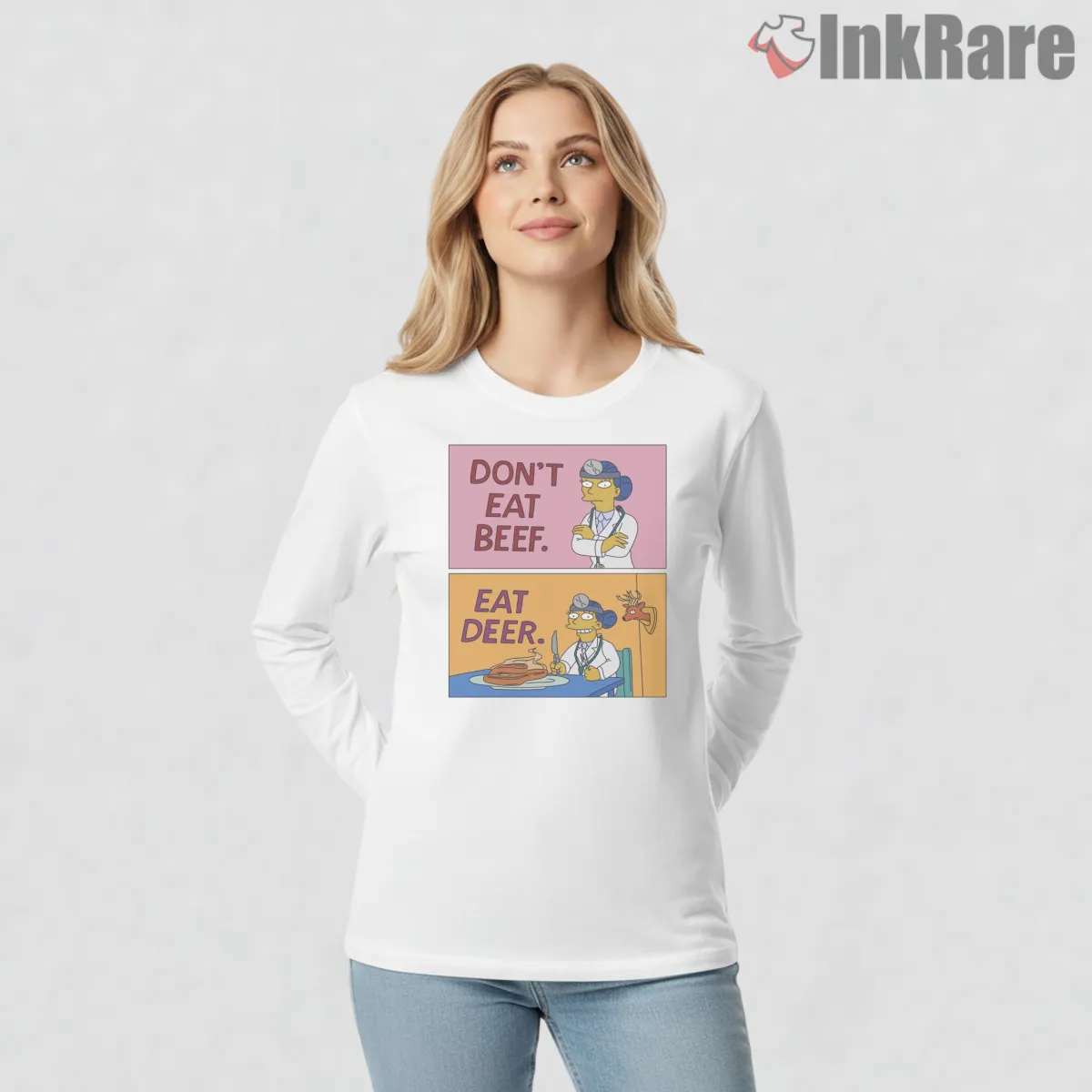 Dont Eat Beef Eat Deer Simpsons Hunting Joke Long Sleeve White Dont Eat Beef Eat Deer Simpsons Hunting Joke Shirt on white long sleeve shirt for women graphic tee