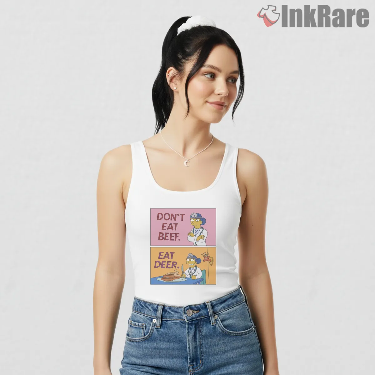 Dont Eat Beef Eat Deer Simpsons Hunting Joke Tank Top White Dont Eat Beef Eat Deer Simpsons Hunting Joke Shirt on white tank top for women graphic tee