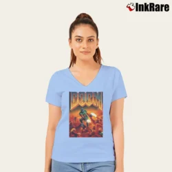 Women’s Doom Classic Box Art Gaming Tank V-Neck Tee in light blue | Chic Neckline, Soft Texture