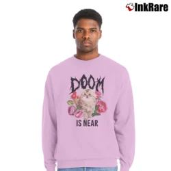 Men’s Doom Is Near Kitty Cat Funny Crewneck Sweatshirt in light pink | Cozy Fabric, Clean Style