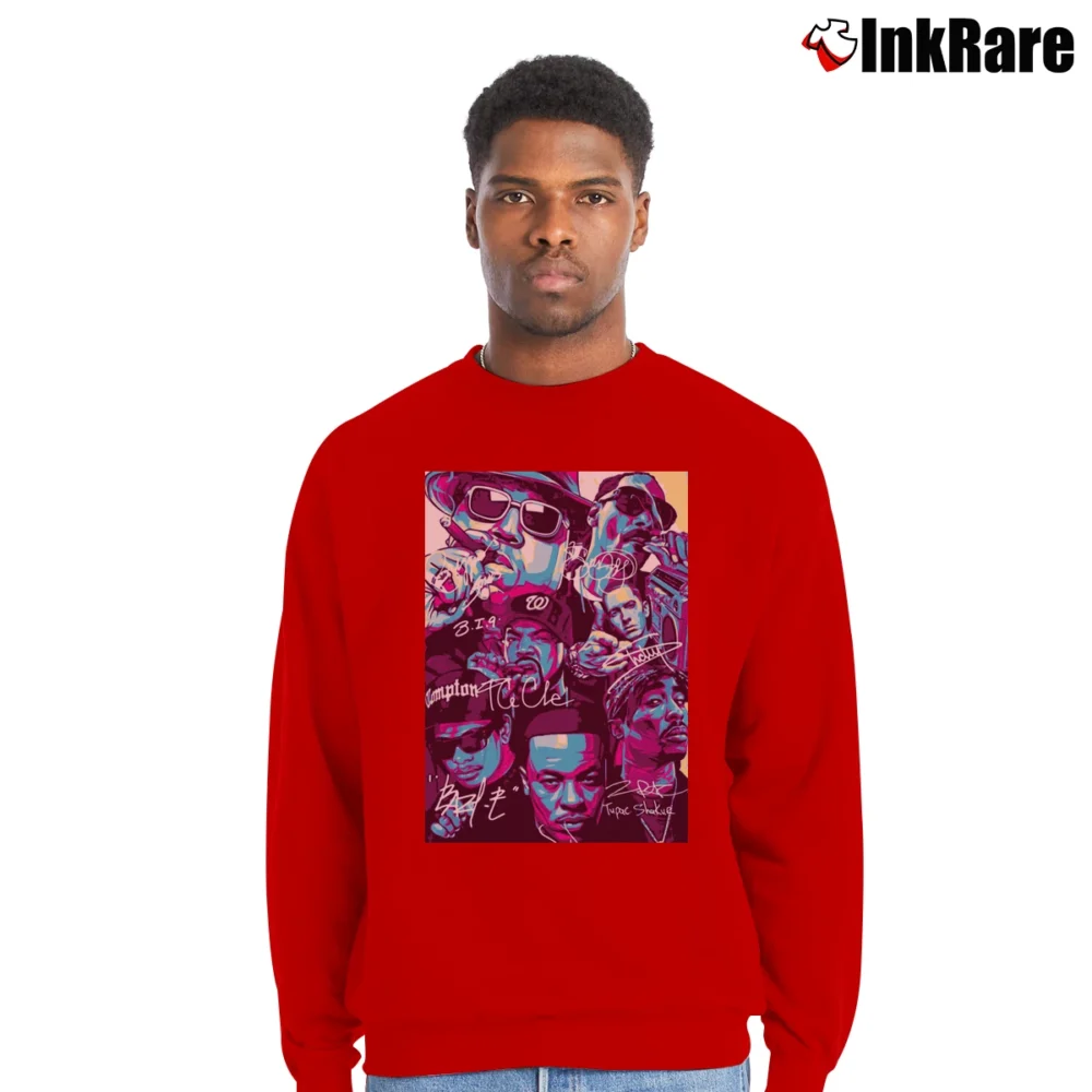 Men’s Dr Dre And Legendary Rappers Retro Style Crewneck Sweatshirt in red | Cozy Fabric, Clean Style