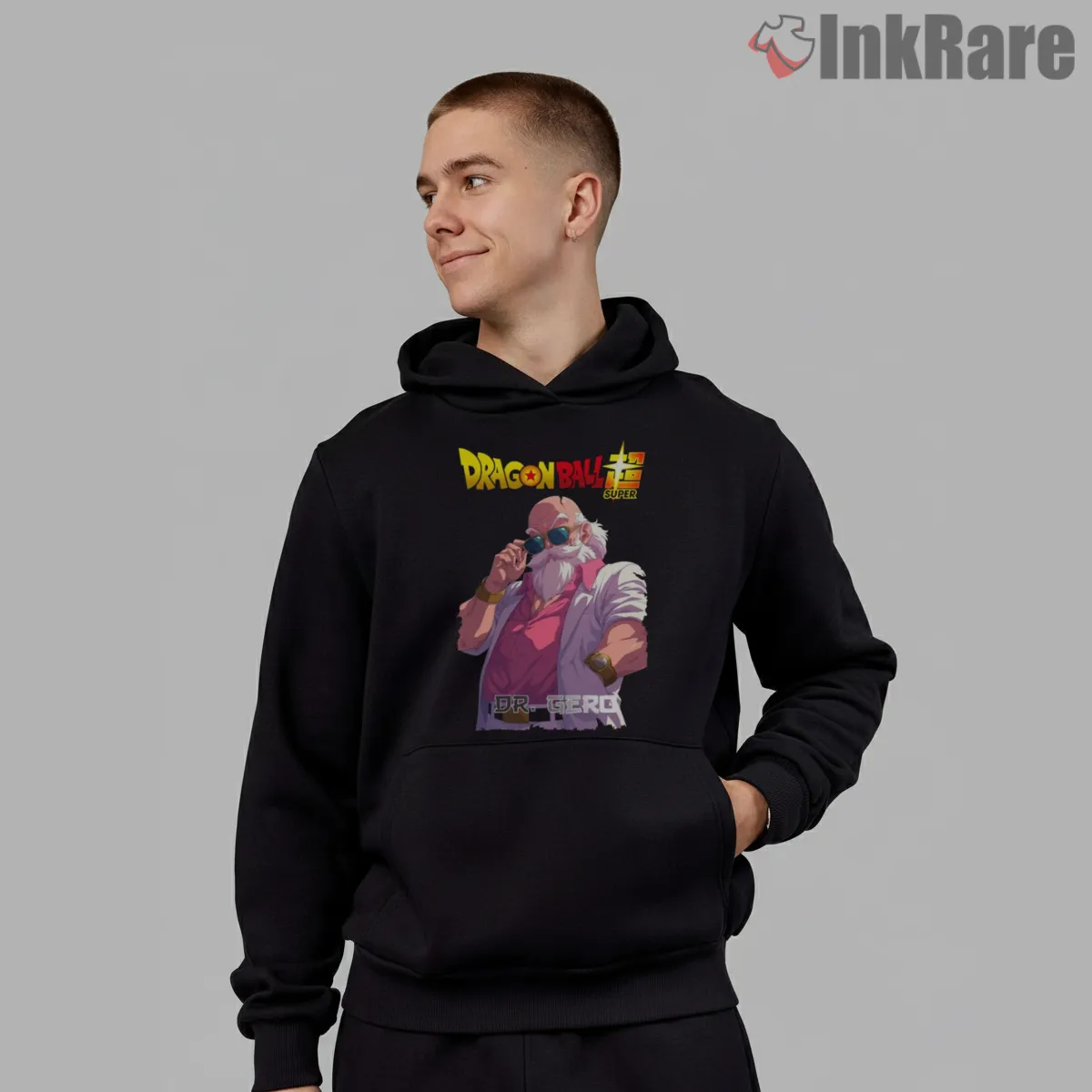 Dr Gero Retro Scientist Street Poster Shirt on black hoodie for men graphic tee