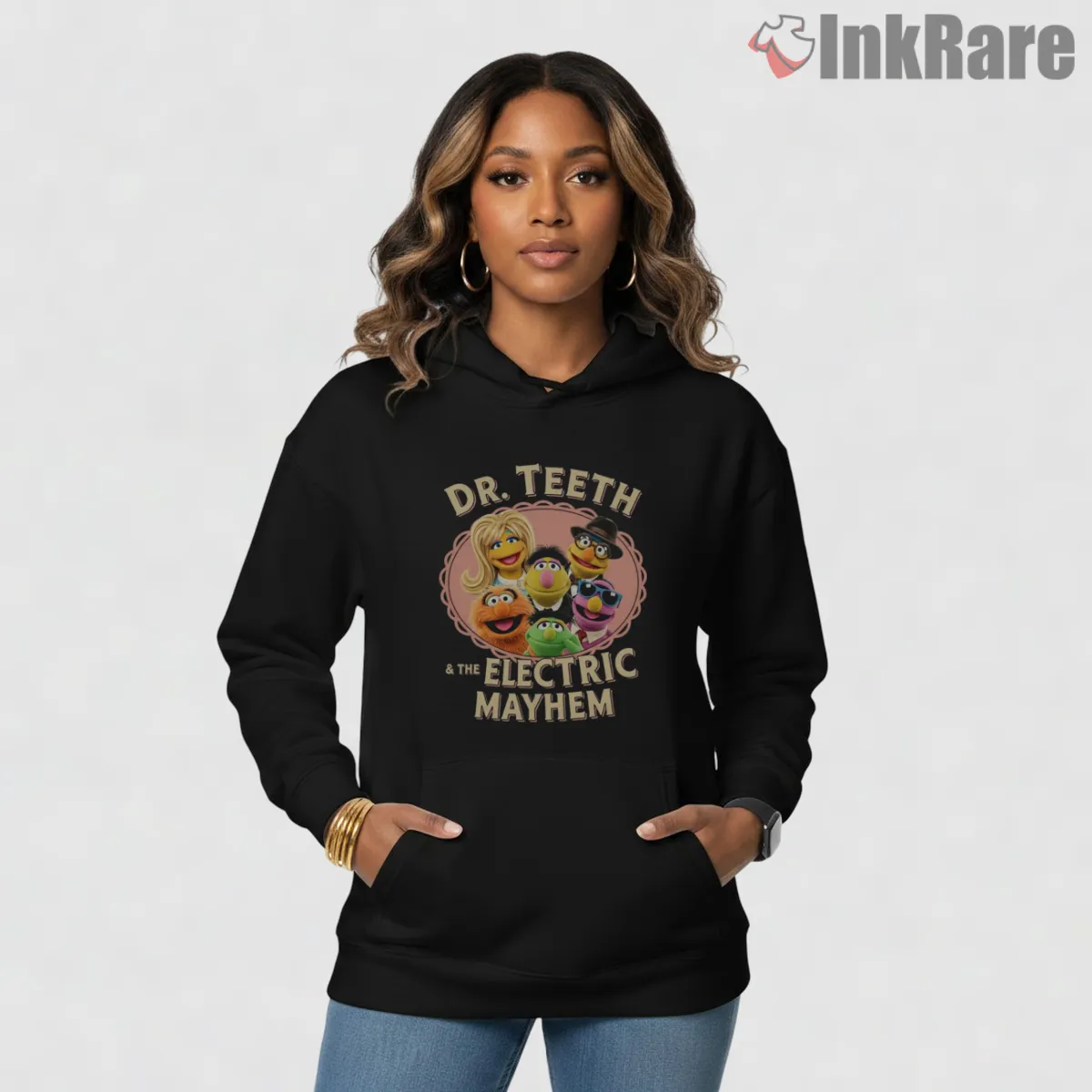 Dr Teeth And The Electric Mayhem Retro Band Circle Shirt on black hoodie for women graphic tee