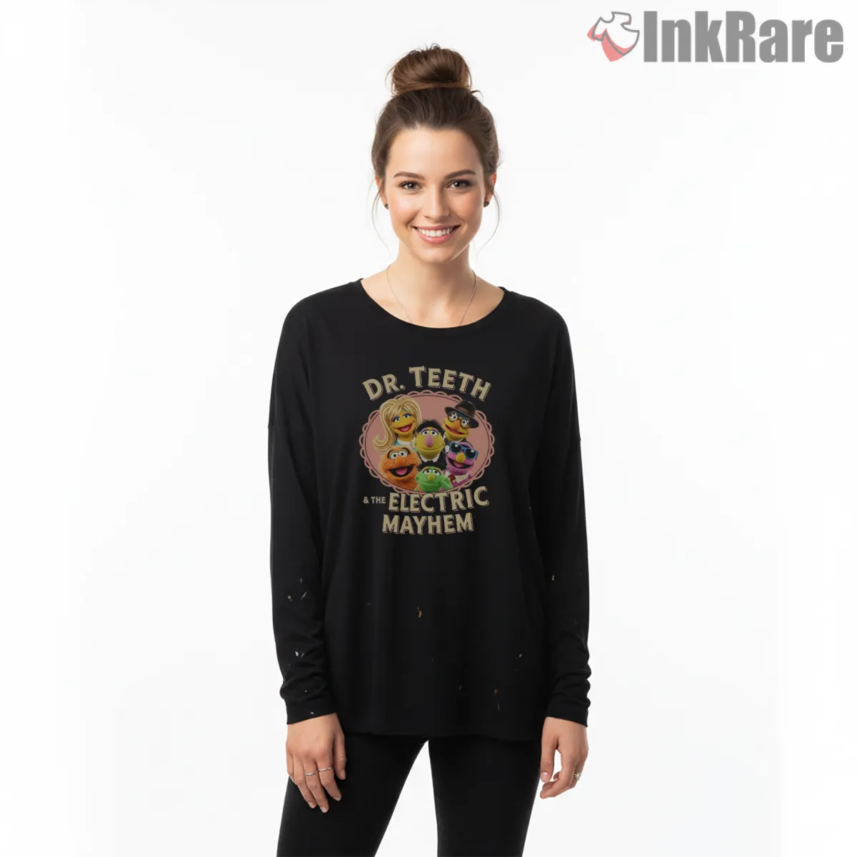 Dr Teeth And The Electric Mayhem Retro Band Circle Long Sleeve Black Dr Teeth And The Electric Mayhem Retro Band Circle Shirt on black long sleeve shirt for women graphic tee