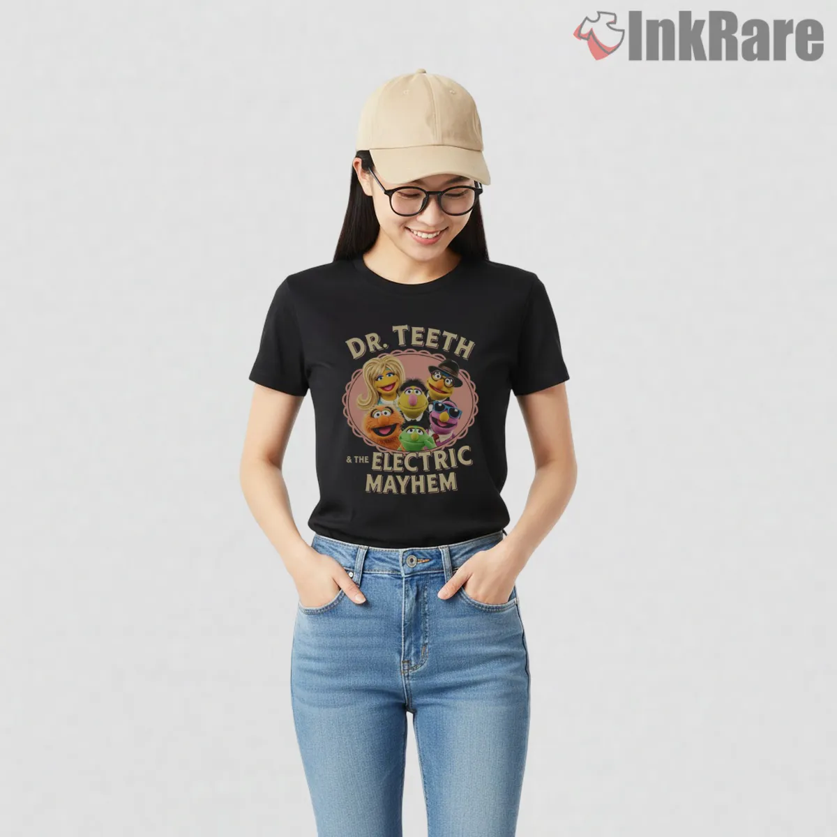 Dr Teeth And The Electric Mayhem Retro Band Circle Short Sleeve Black Dr Teeth And The Electric Mayhem Retro Band Circle Shirt on black short sleeve shirt for women graphic tee