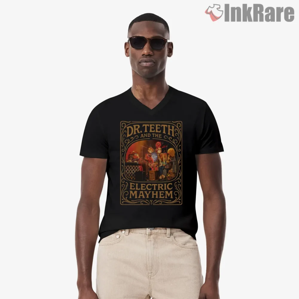 Dr Teeth And The Electric Mayhem Vintage Frame Poster Shirt on black v-neck shirt for men graphic tee
