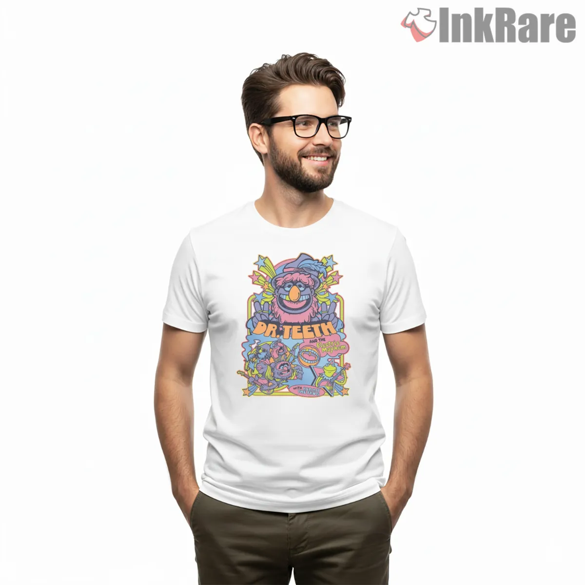 Dr Teeth Electric Mayhem Psychedelic Band Poster Short Sleeve White Dr Teeth Electric Mayhem Psychedelic Band Poster Shirt on white short sleeve shirt for men graphic tee