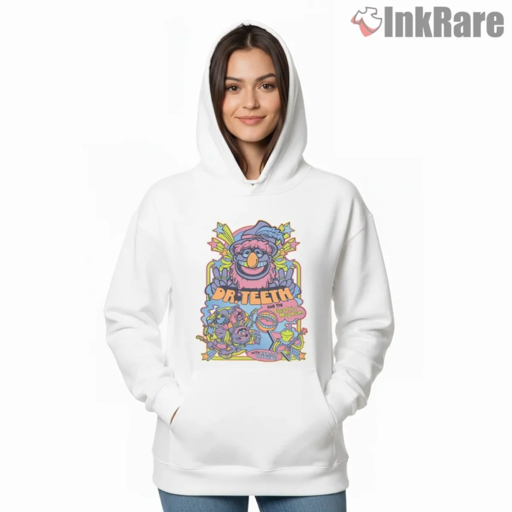 Dr Teeth Electric Mayhem Psychedelic Band Poster Shirt on white hoodie for women graphic tee