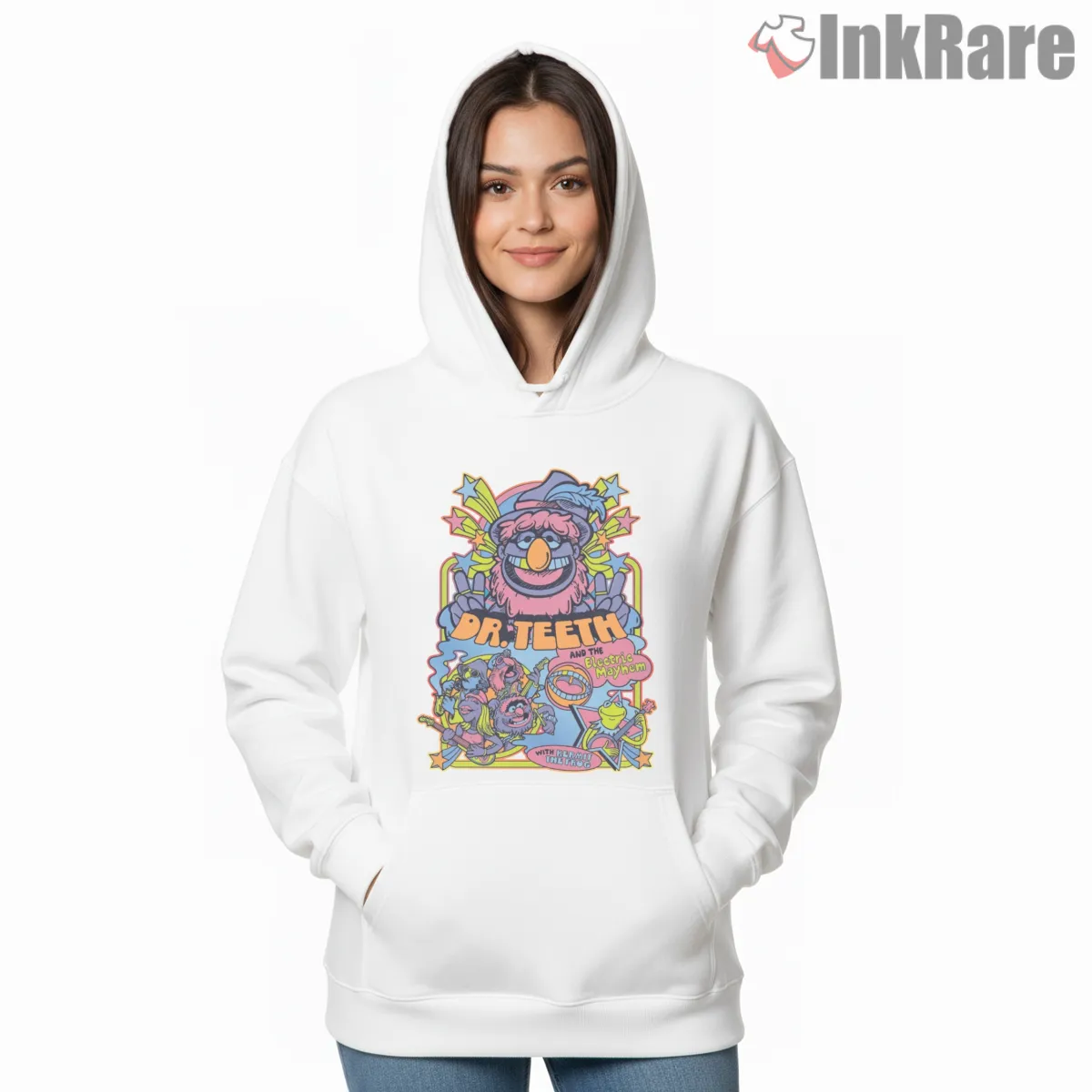 Dr Teeth Electric Mayhem Psychedelic Band Poster Hoodie White Dr Teeth Electric Mayhem Psychedelic Band Poster Shirt on white hoodie for women graphic tee