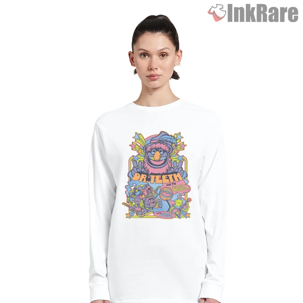 Dr Teeth Electric Mayhem Psychedelic Band Poster Long Sleeve White Dr Teeth Electric Mayhem Psychedelic Band Poster Shirt on white long sleeve shirt for women graphic tee