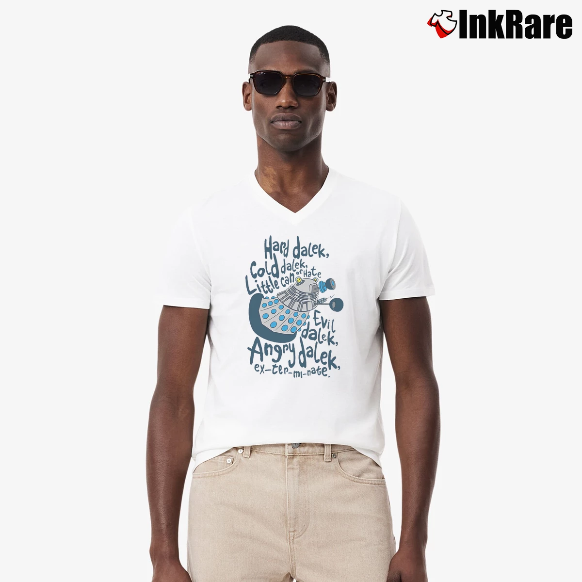 Men’s Dr Who And The Daleks V-Neck Tee in white | Sharp, Breathable, Everyday Staple