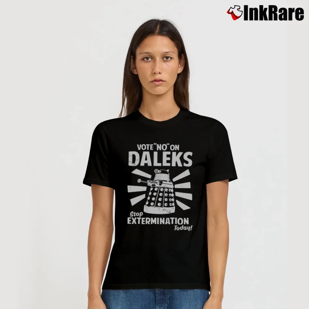 Women’s Dr Who Vote No On Daleks Signature T-Shirt in black | Soft, Flattering Fit