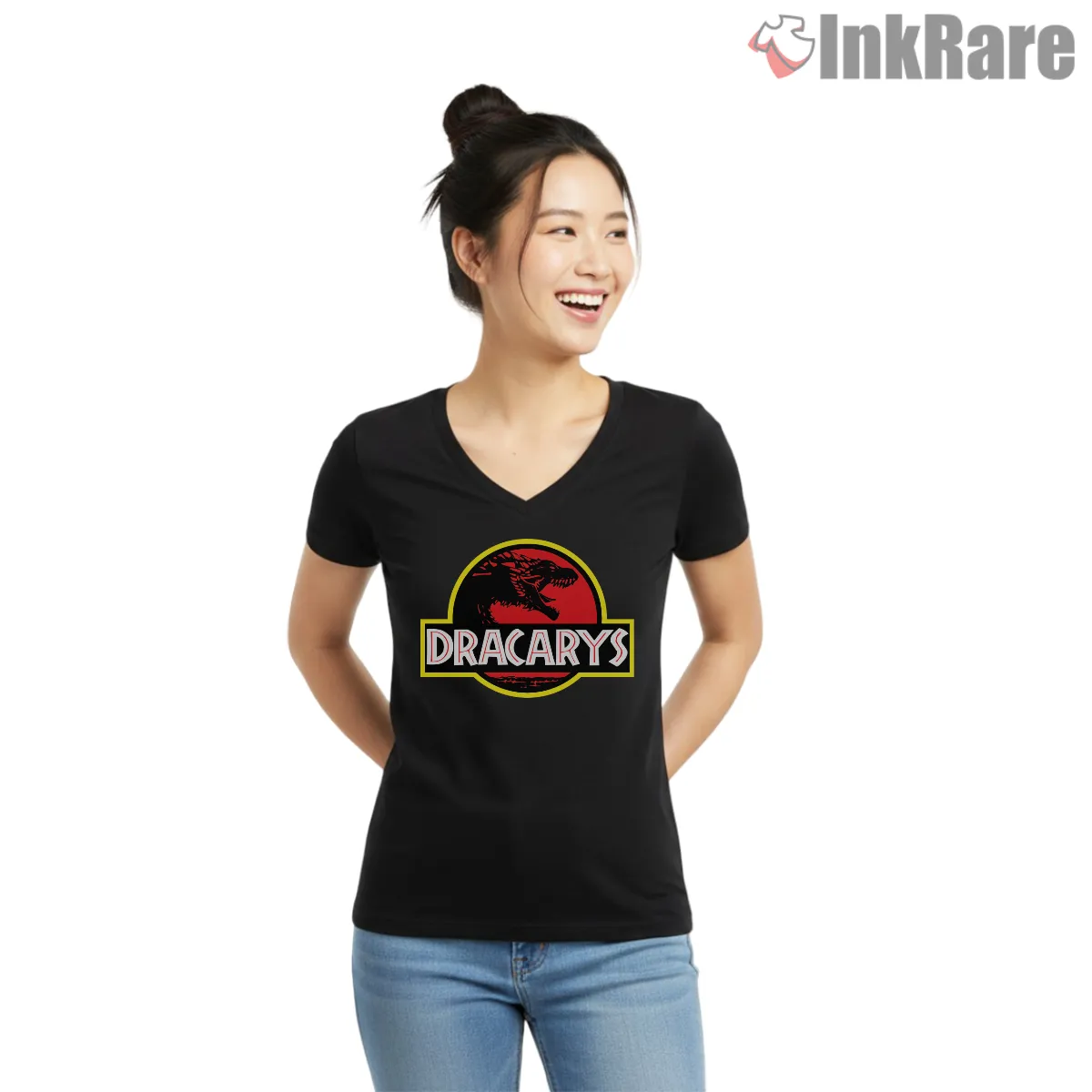 Dracarys Parody Retro Dinosaur Logo Mashup V Neck Black Dracarys Parody Retro Dinosaur Logo Mashup Shirt on black v-neck shirt for women graphic tee