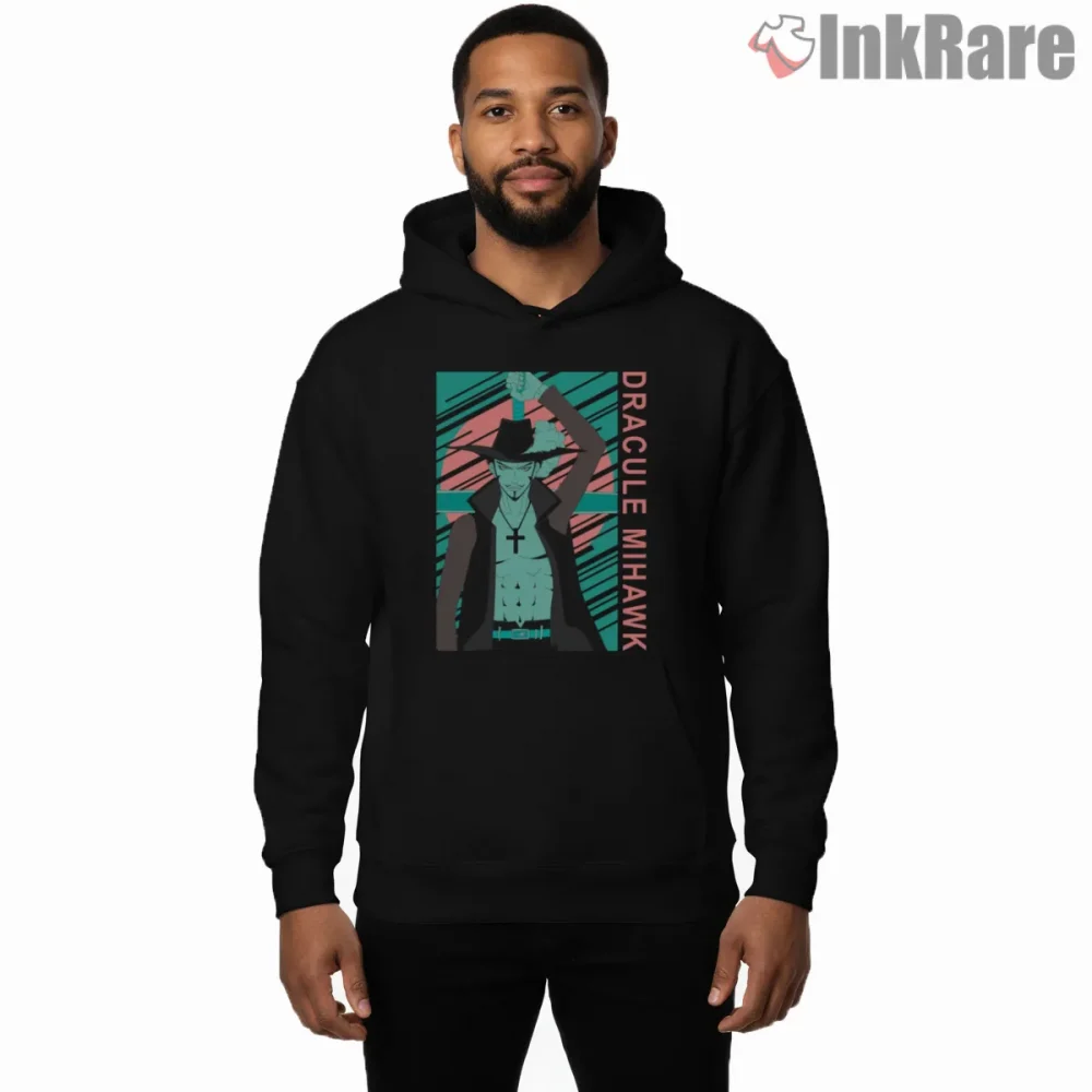 Dracule Mihawk Dark Swordsman Anime Legend Shirt on black hoodie for men graphic tee