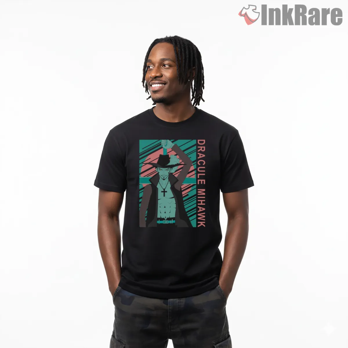 Dracule Mihawk Dark Swordsman Anime Legend Shirt on black short sleeve shirt for men graphic tee