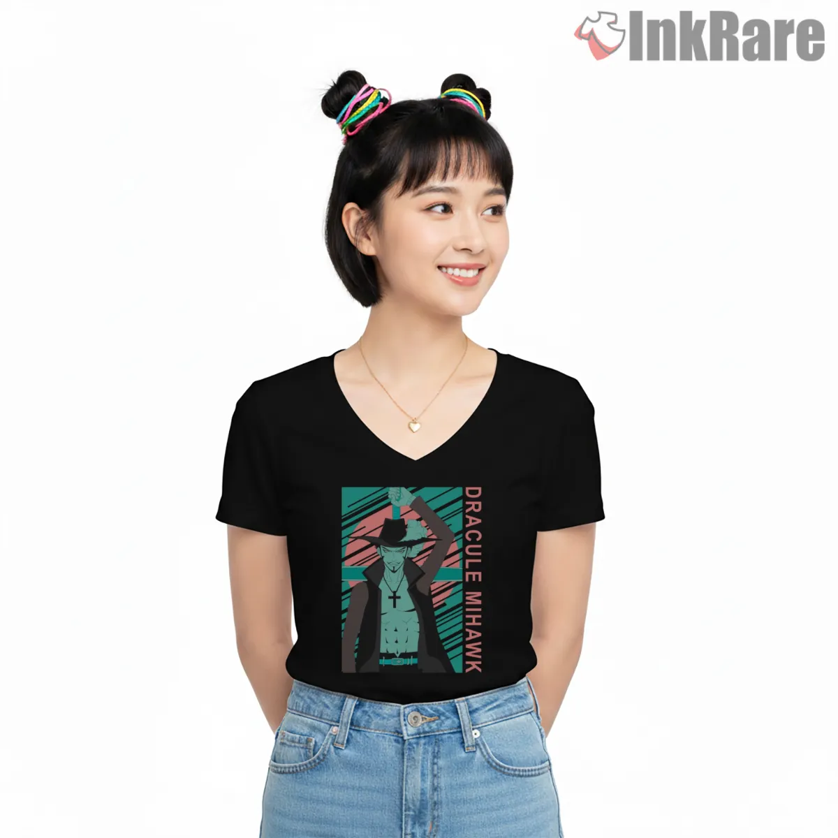 Dracule Mihawk Dark Swordsman Anime Legend V Neck Black Dracule Mihawk Dark Swordsman Anime Legend Shirt on black v-neck shirt for women graphic tee
