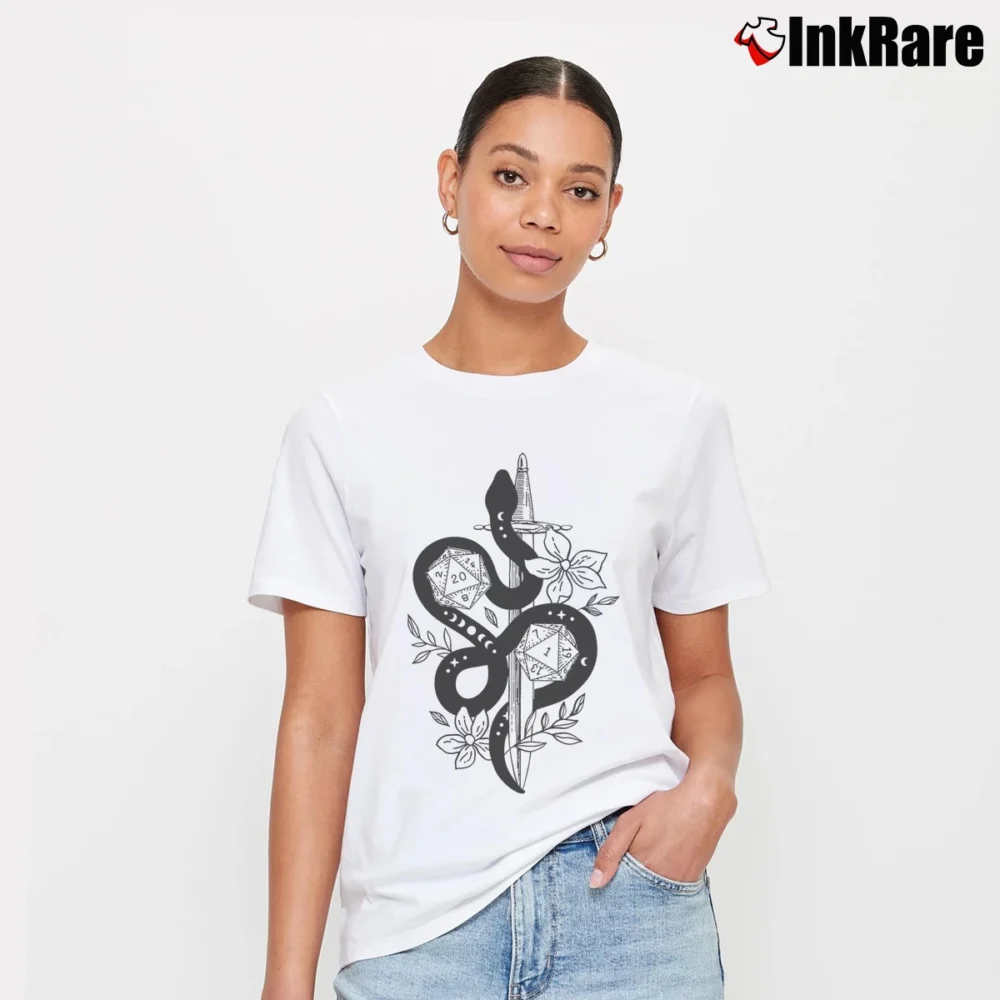 Women’s Dragon And Dice Adhd Dungeons Rpg Humor Signature T-Shirt in white | Soft, Flattering Fit
