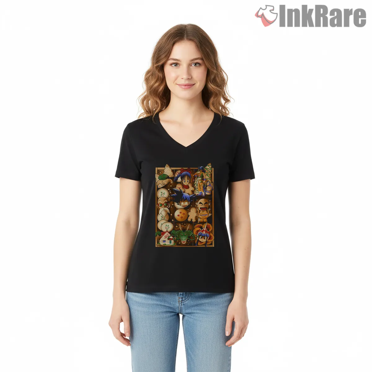 Dragon Ball Christmas Cookie Art V Neck Black Dragon Ball Christmas Cookie Art Shirt on black v-neck shirt for women graphic tee