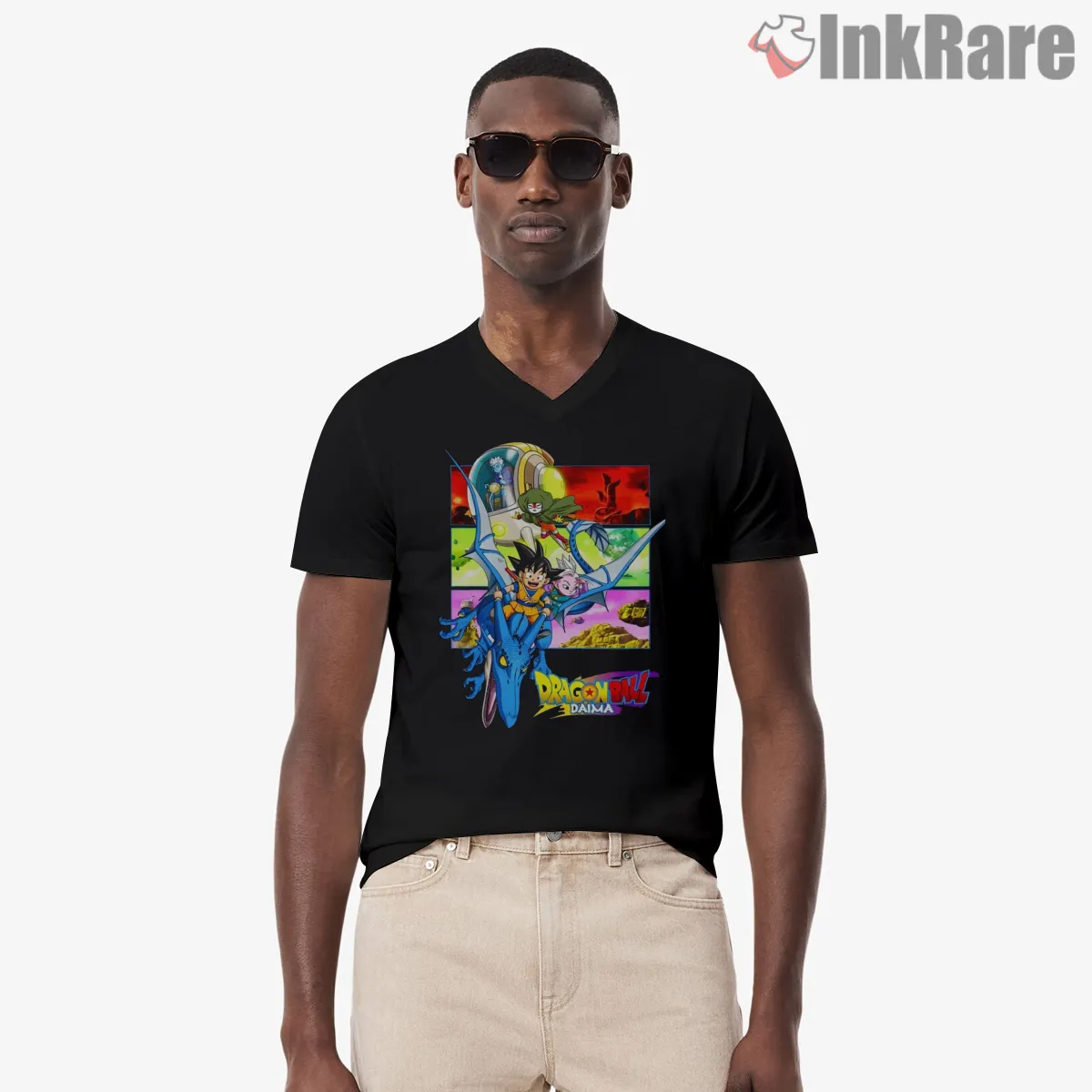 Dragon Ball Daima Colorful Cast Tower V Neck Black Dragon Ball Daima Colorful Cast Tower Shirt on black v-neck shirt for men graphic tee