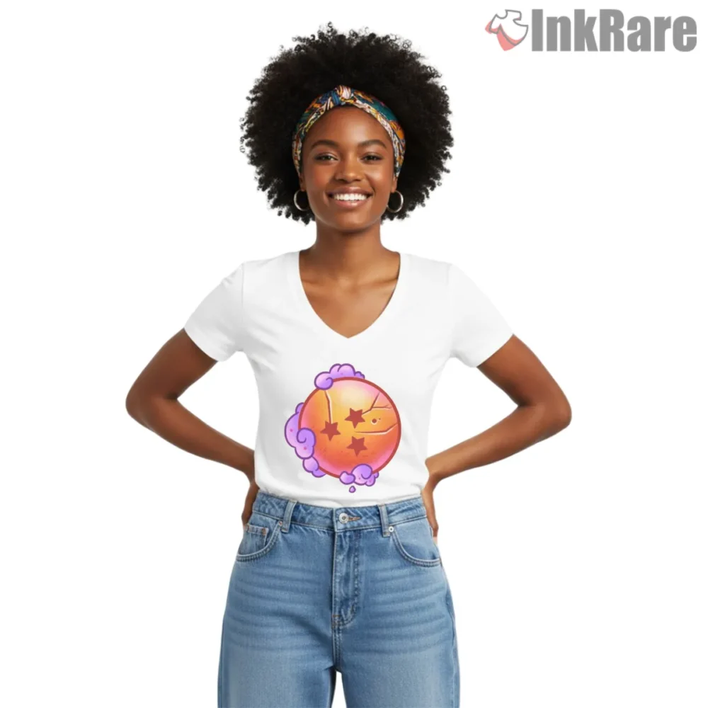 Dragon Ball Four Star Cloud Emblem Shirt on white v-neck shirt for women graphic tee