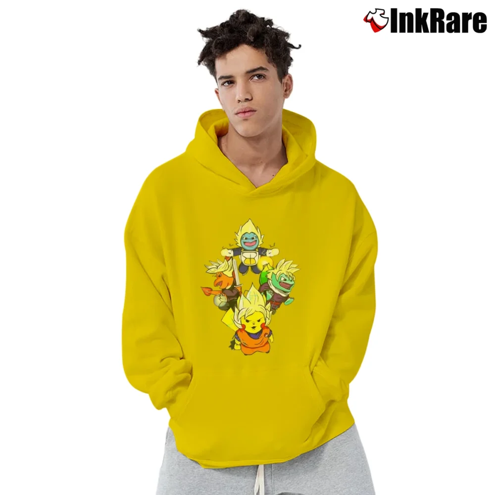 Men’s Dragon Ball Pokemon Go Pikachu Goku Vegeta Pullover Hoodie in yellow | Cozy, Durable, Modern Fit