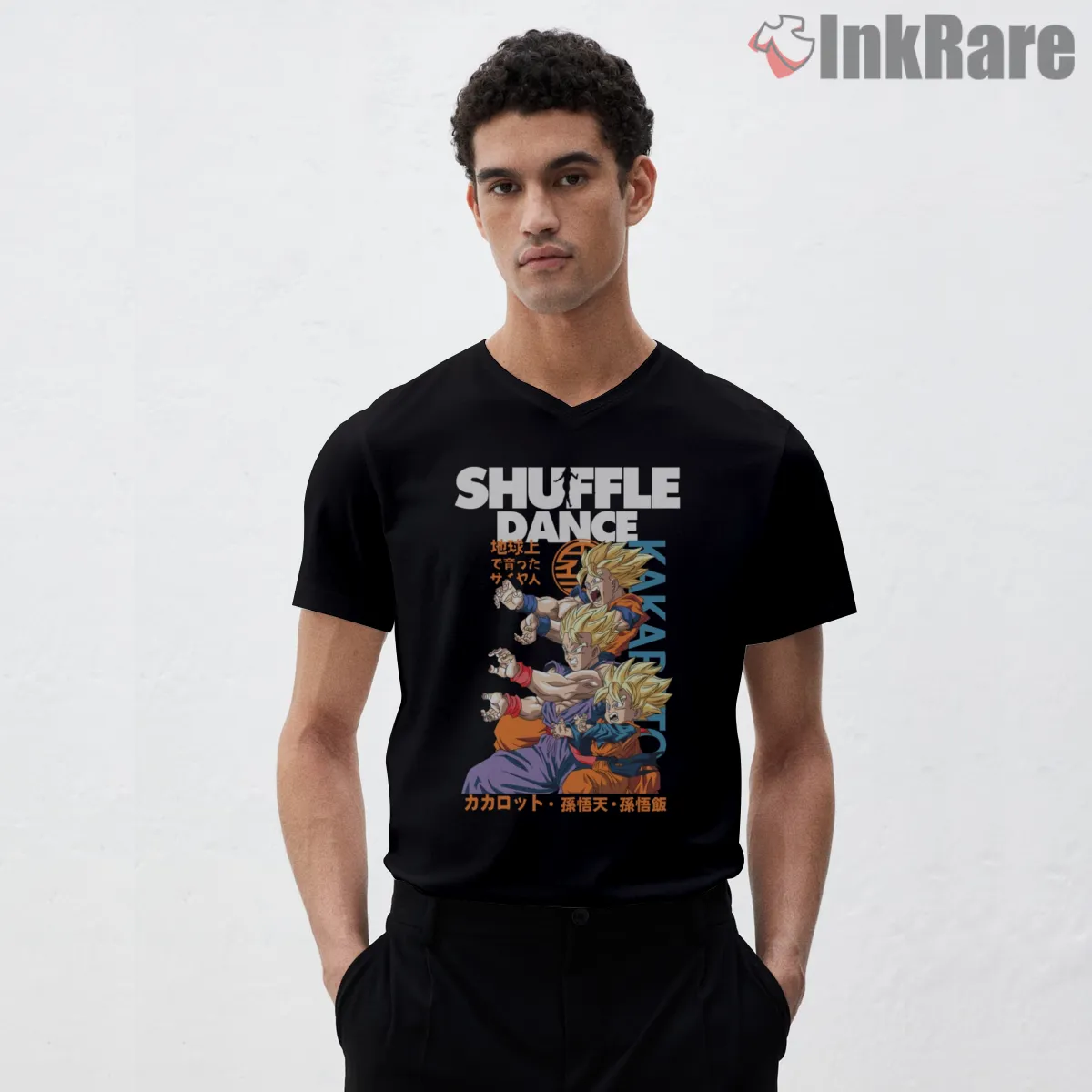 Dragon Ball Shuffle Dance Party Art V Neck Black Dragon Ball Shuffle Dance Party Art Shirt on black v-neck shirt for men graphic tee