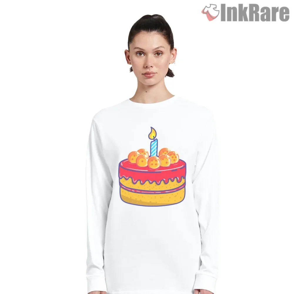 Dragon Ball Z Birthday Cake Celebration Shirt on white long sleeve shirt for women graphic tee