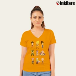 Women’s Dragon Ball Z Chibi Characters Cartoon V-Neck Tee in orange | Chic Neckline, Soft Texture