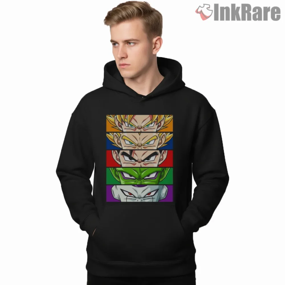 Dragon Ball Z Intense Character Eyes Grid Shirt on black hoodie for men graphic tee