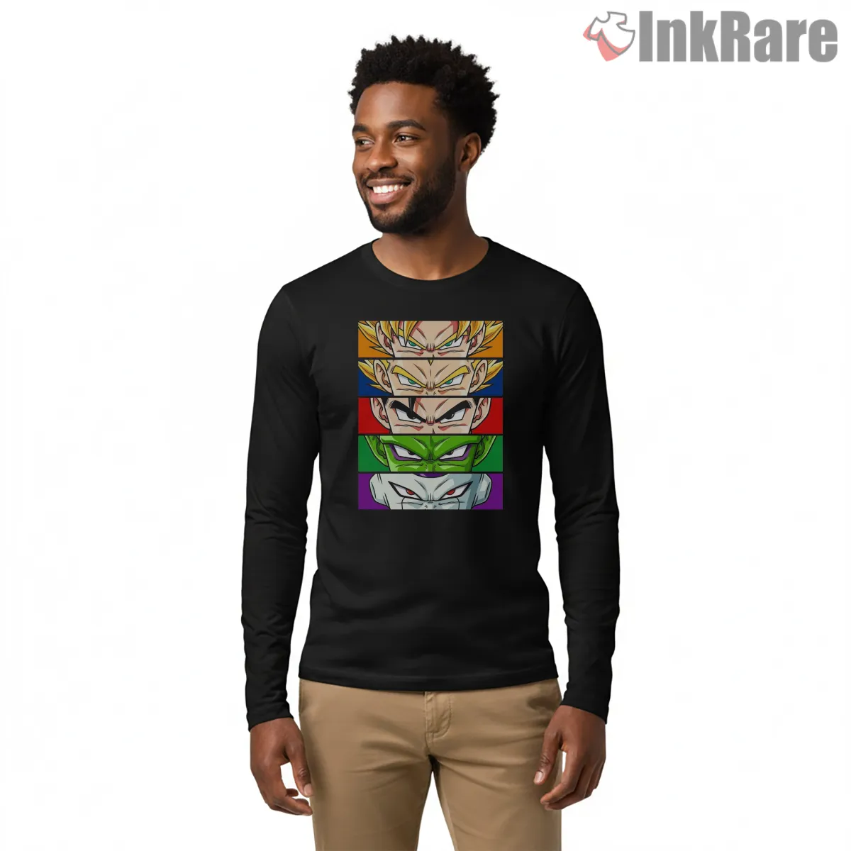 Dragon Ball Z Intense Character Eyes Grid Shirt on black long sleeve shirt for men graphic tee