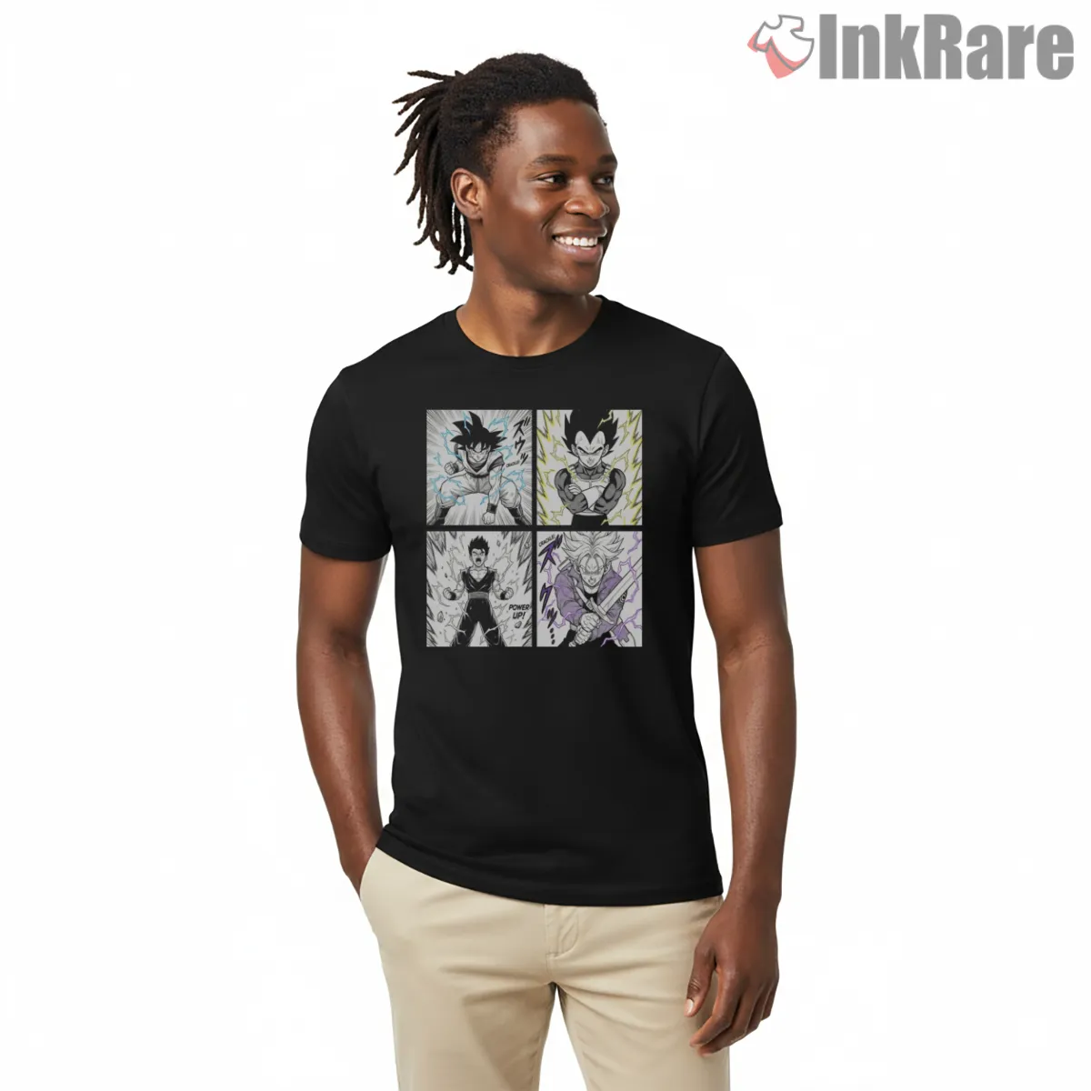 Dragon Ball Z Super Saiyan Power Panel Shirt on black short sleeve shirt for men graphic tee