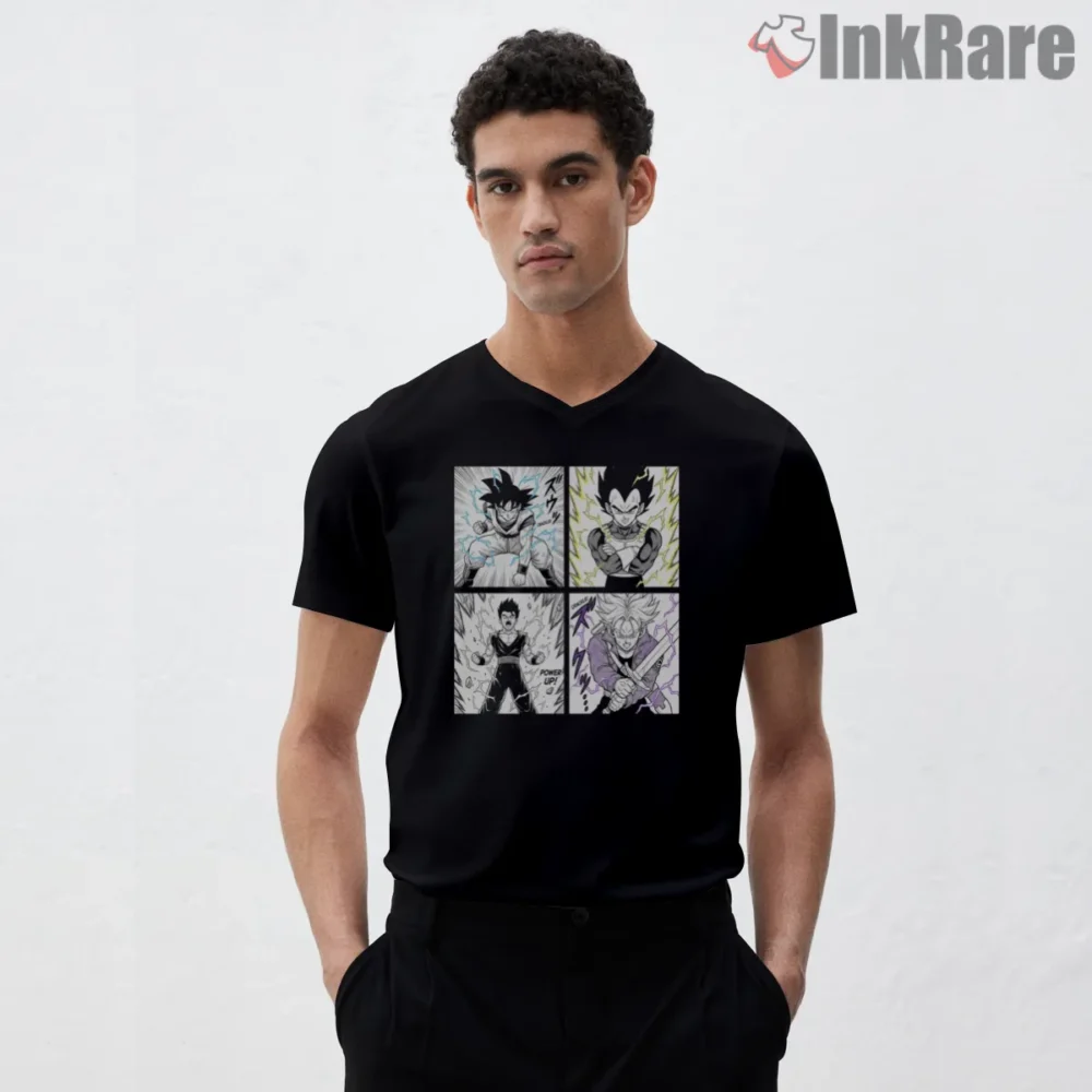 Dragon Ball Z Super Saiyan Power Panel Shirt on black v-neck shirt for men graphic tee