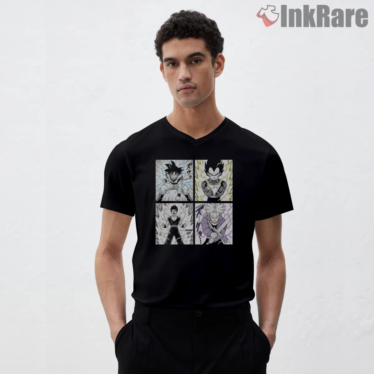 Dragon Ball Z Super Saiyan Power Panel V Neck Black Dragon Ball Z Super Saiyan Power Panel Shirt on black v-neck shirt for men graphic tee