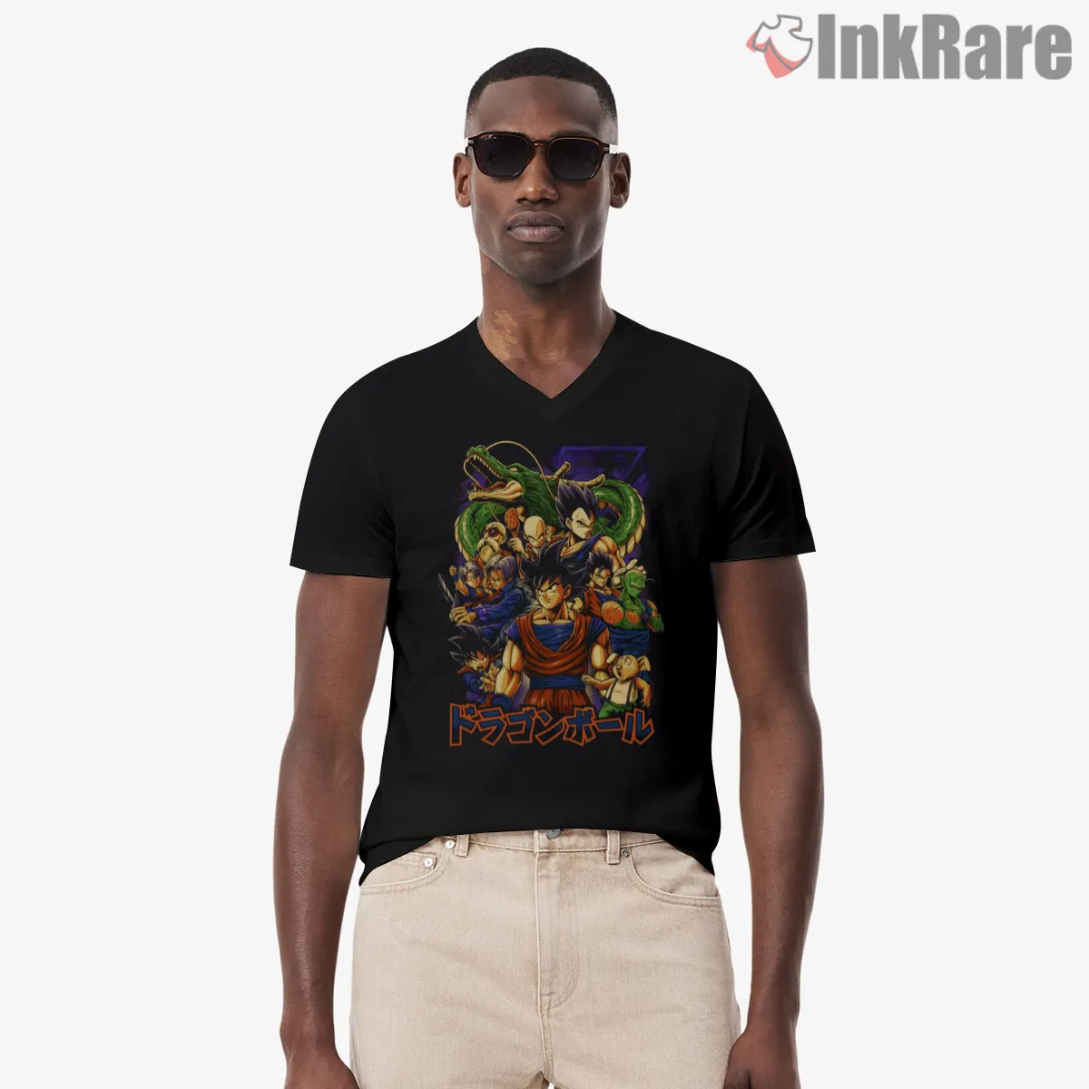 Dragon Battle Crossover Movie Poster V Neck Black Dragon Battle Crossover Movie Poster Shirt on black v-neck shirt for men graphic tee
