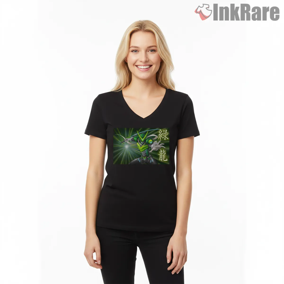Dragon Ranger Cyber Samurai Energy Shirt on black v-neck shirt for women graphic tee
