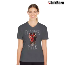 Women’s Dragon's Milk Graphic Fantasy Style V-Neck Tee in charcoal | Chic Neckline, Soft Texture